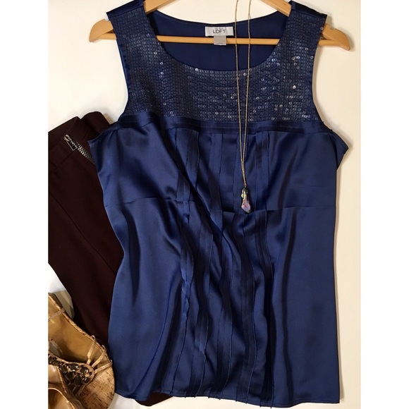 LOFT Tops - Loft Navy Sequin Collar Panel Sleeveless Blouse